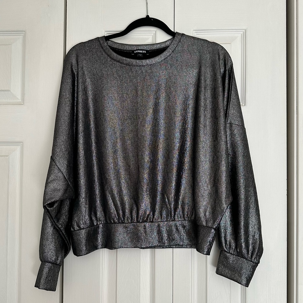 Express metallic silver long sleeve shirt; Size Medium